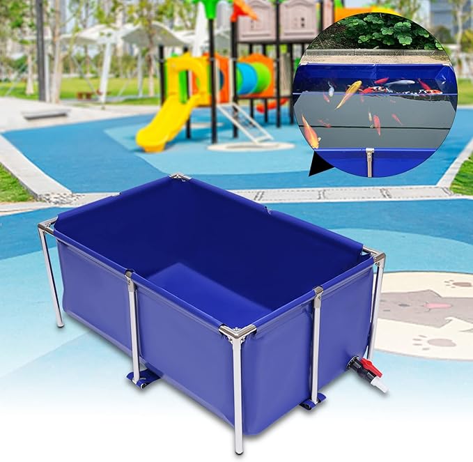 Canvas Fish Pond, Blue Cuboid Aquarium Fish Water Tank Ornamental Swimming Pool Koi Breeding Pond, Foldable Water Storage Above Ground Pond with Drain Valve for Home Aquaculture