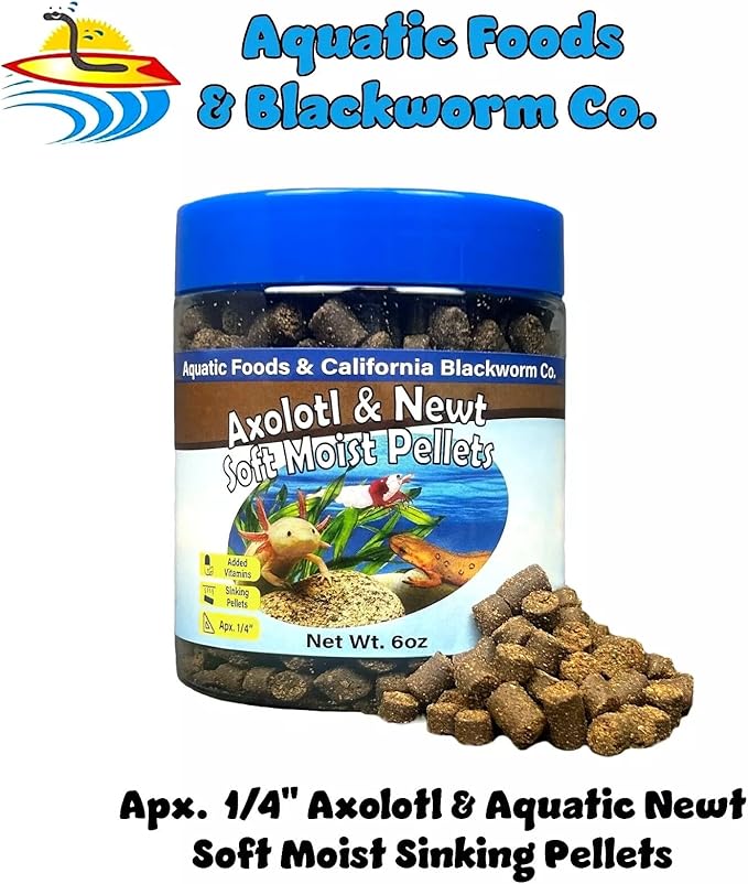 Axolotl Pellet Food 1/4" Soft Moist Sinking Pellets for Juvenile Axolotl Also Shrimp, Snails, Crayfish, Bottom Tropical Fish, Blackworm Pellets Included 6oz Canister