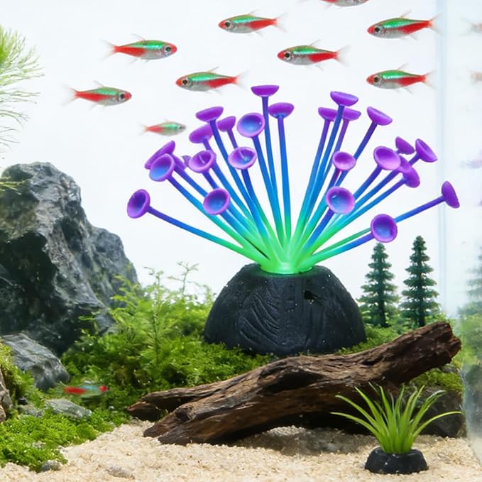 Suction Cup Anemone Aquarium Decor with Silicone Tentacles, Realistic Coral Reef Ornament for Saltwater and Freshwater Fish Tanks, Flexible Habitat for Shrimp, Invertebrates & Aquascaping (Purple)