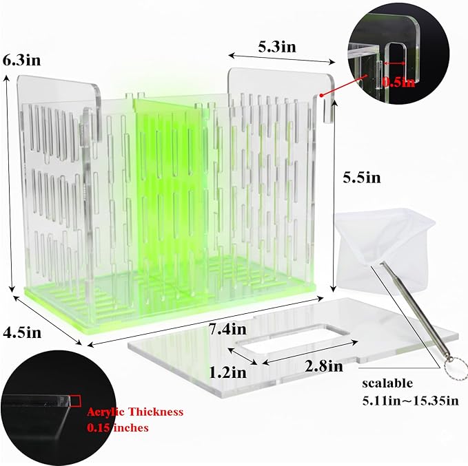 Green Acrylic Aquarium Breeder Box, 7.4x5.3x6.3 in Hang-On Fish Isolation Box with Long Handle Net, Removable Divider & Feeding Hole for Betta Guppy Shrimp Freshwater Saltwater