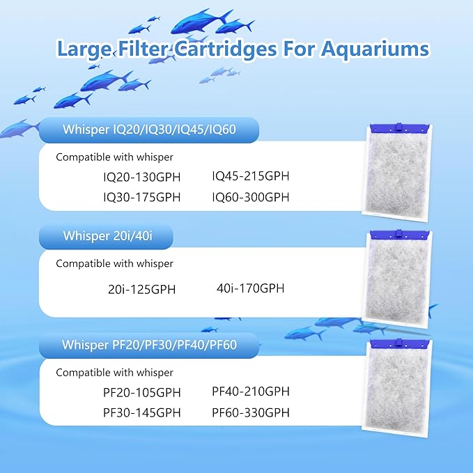 8 Pack Large Aquarium Filter Cartridges Compatible with Whisper Bag Filter Series Fits Models 20i, 40i/IQ20, 30, 45, 60/PF20, 30, 40, 60