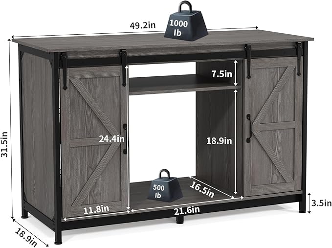 VOWNER Farmhouse 55-75 Gallon Fish Tank Stand with Power Outlet, Aquarium Stand with Storage Cabinet and Sliding Barn Door, Heavy Duty Reptile Tank Stand, for 2 Tanks, 1000LBS Capacity, Grey