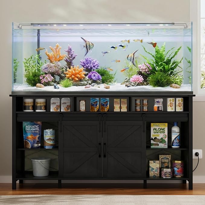 VOWNER 75-120 Gallon Fish Tank Stand with Power Outlet, Farmhouse Aquarium Stand with Storage Cabinet & Sliding Barn Doors, Heavy Duty Reptile Tank Stand, for 2 Tanks, 1000LBS Capacity, Black