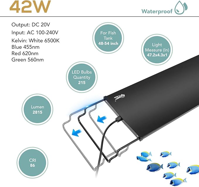 hygger 42W 24/7 Lighting Aquarium LED Light, Sunrise-Daylight-Moonlight Mode and DIY Mode, Timer Adjustable Brightness Fish Tank Light with Extendable Bracket 7 Colors for Planted Tank