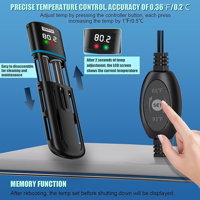 LYPHARD AQUARIUMS Electronic Aquarium Heater, 500W Small Fish Tank Heater, Adjustable Submersible Heater PID Temperature Control with LED Digital, Water Dry Automatic Shut Off for Fresh Seawater
