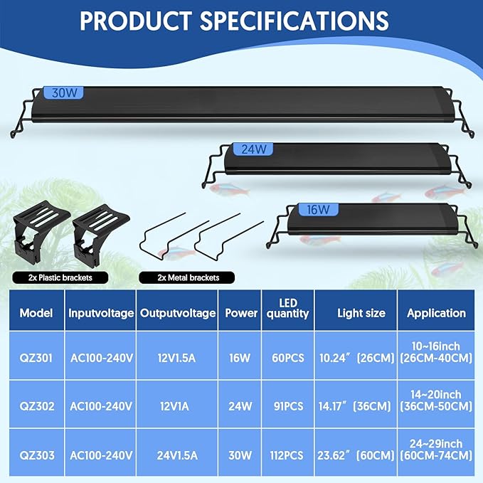QZQ LED Aquarium Light, 24W Fish Tank Light with 24/7 Lighting Mode, Timer, DIY Mode, Adjustable Brightness, Full Spectrum Aquarium Plant Light with Extendable Brackets for 14-20 Inch Fish Tank