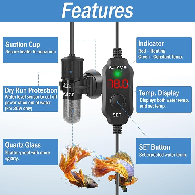 Super Mini Aquarium Heater 20W Betta Heater for 2-4 Gallon Tanks, Small Fish Tank Heater Turtle Heater with Dry-Run/Overheat Protection, Memory Function