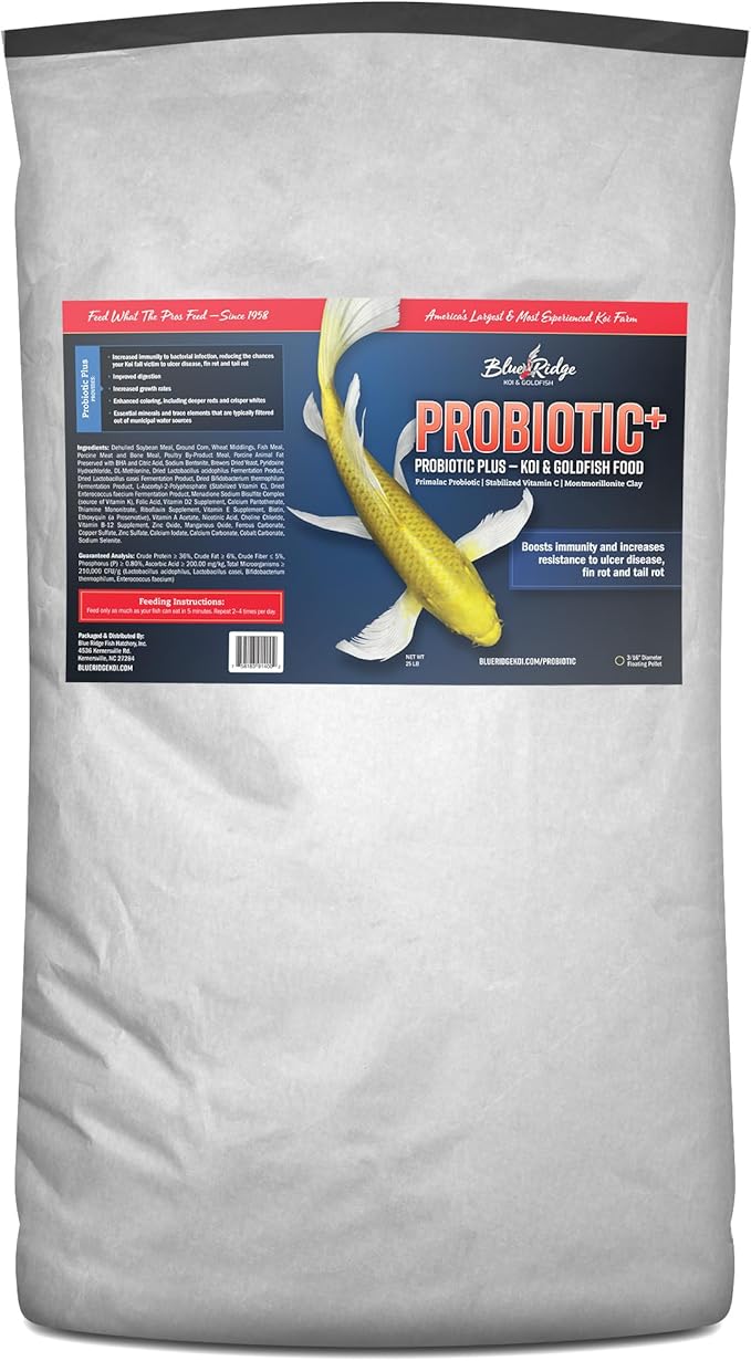 Blue Ridge Fish Food 25lb, Probiotic Plus 3/16" Floating Pellet, Koi Goldfish Food