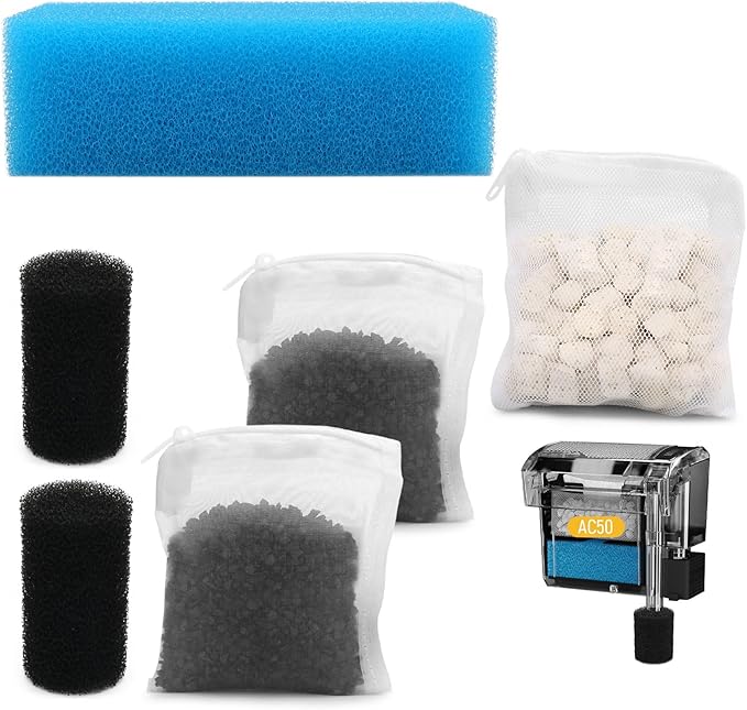 Big Peng AC50 Aquarium Filter Media Maintenance Kit Compatible with Aquaclear Fluval AC50 Power Filters, Includes 1 Blue Foam, 2 Activated Carbon, 1 BioMax Pellets, 2 Intake Strainer Sponge