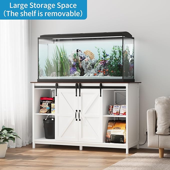 VOWNER Farmhouse 55-75 Gallon Fish Tank Stand with Power Outlet, Aquarium Stand with Storage Cabinet and Sliding Barn Door, Heavy Duty Reptile Tank Stand, for 2 Tanks, 1000LBS Capacity, White + Walnut