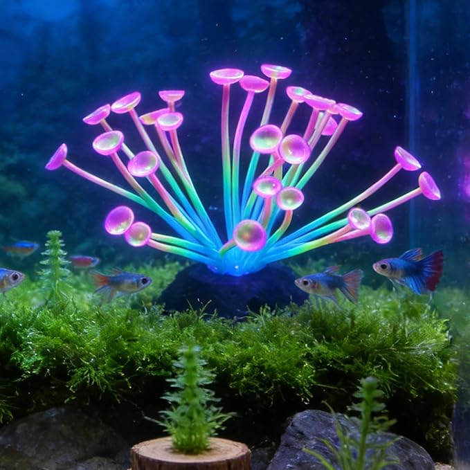 Suction Cup Anemone Aquarium Decor with Silicone Tentacles, Realistic Coral Reef Ornament for Saltwater and Freshwater Fish Tanks, Flexible Habitat for Shrimp, Invertebrates & Aquascaping (Red)