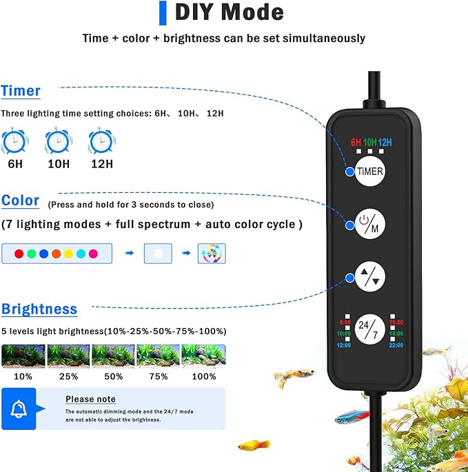 AQQA LED Aquarium Light, 24/7 Mode Clip on Fish Tank Light with Memory Function, DIY Mode Full Spectrum Aquarium Plant Light, Adjustable Timer/Brightness, IP68 Waterproof for 11-16 Inch Fish Tank 11W