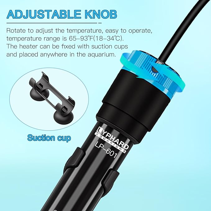 LYPHARD AQUARIUMS Aquarium Heater, 100W Submersible Fish Tank Heater with Precision Adjust Knob Thermostat and Suction Cup Suitable for Saltwater and Freshwater