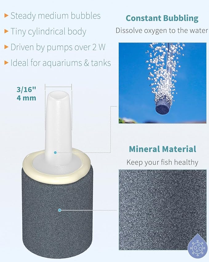 Pawfly Aquarium 0.6 Inch Air Stone Cylinder Bubble Diffuser Release Tool for Nano Air Pumps Small Buckets and Fish Tanks, 12 Pack