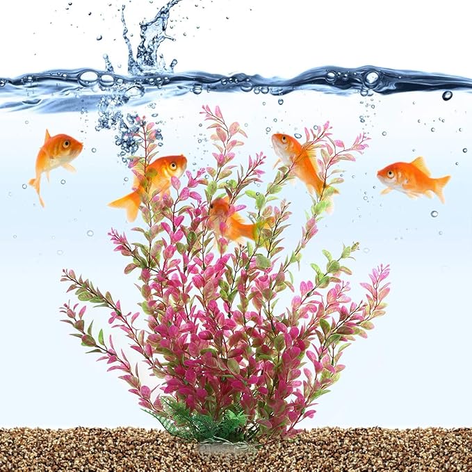 18 Inch Artificial Aquarium Plants, Red Rhodo Plastic Fish Tank Decorations, Safe for Freshwater & Saltwater, Non-Toxic Stone Base Ornament for Betta Fish Tank
