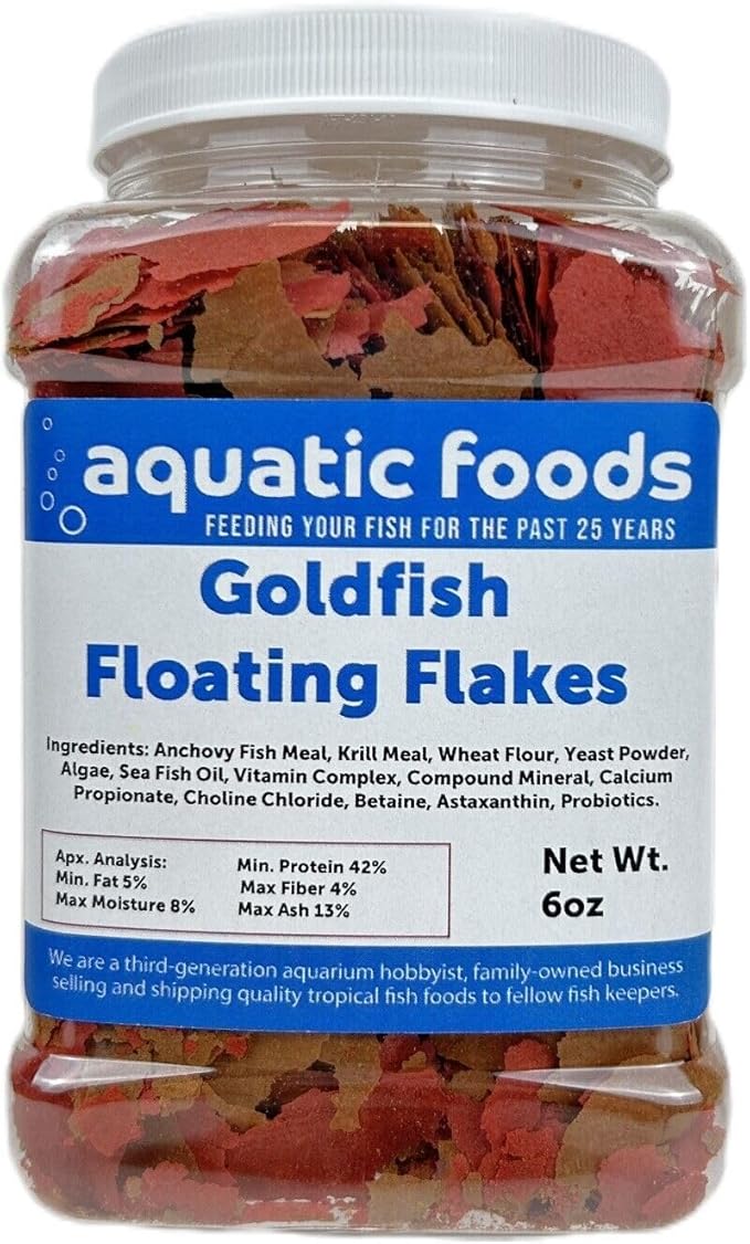 Goldfish Flakes, 42% Protein Color Enhancing and Spirulina Flakes for Aquarium & Pond Goldfish, Koi and All Pond Fish...WL 6oz Med Jar