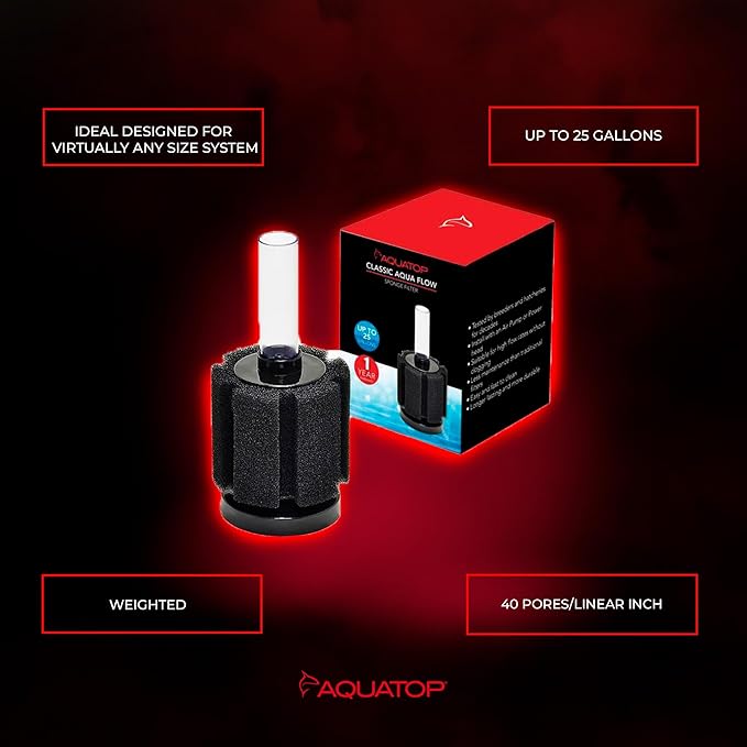 Aquatop Internal Sponge Filter for Aquariums – Suitable for Tanks Up to 25 Gallons, Freshwater and Saltwater Use, Compatible with Air Pumps or Powerheads
