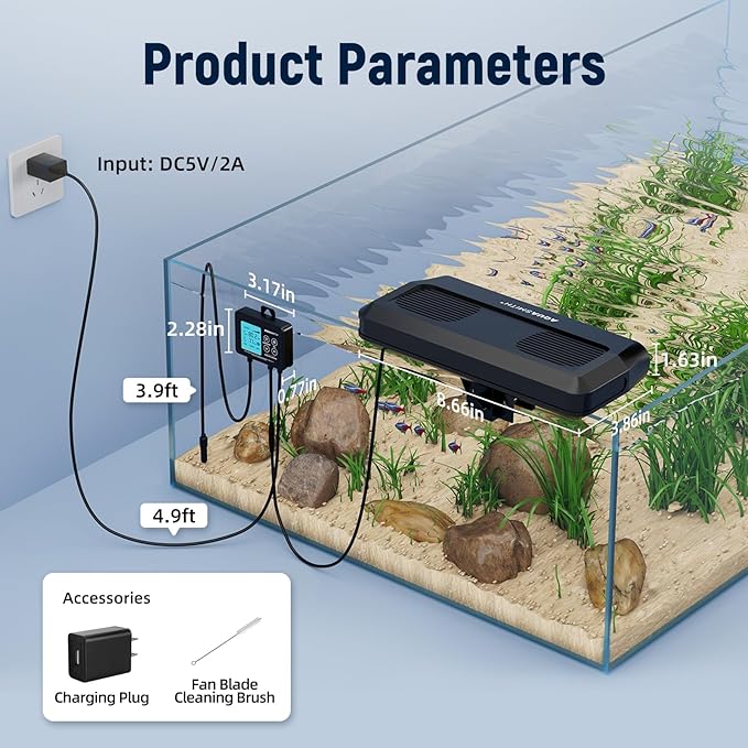 AQUASMITH Aquarium Chiller Fan,Fish Tank Cooler with Temperature Control,Minimum Setting 59℉,Auto Start/Stop,Refrigeration Effect 3-7℉,3-Speed Modes,for Axolotl Seawater Freshwater Coral Grass Tank