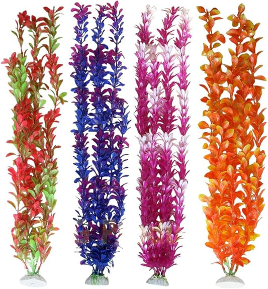 Pack of 4 Tall Plastic Aquarium Plants, Large Fake Plants, Fish Tank Decorations, Artificial Fish Tank Plants
