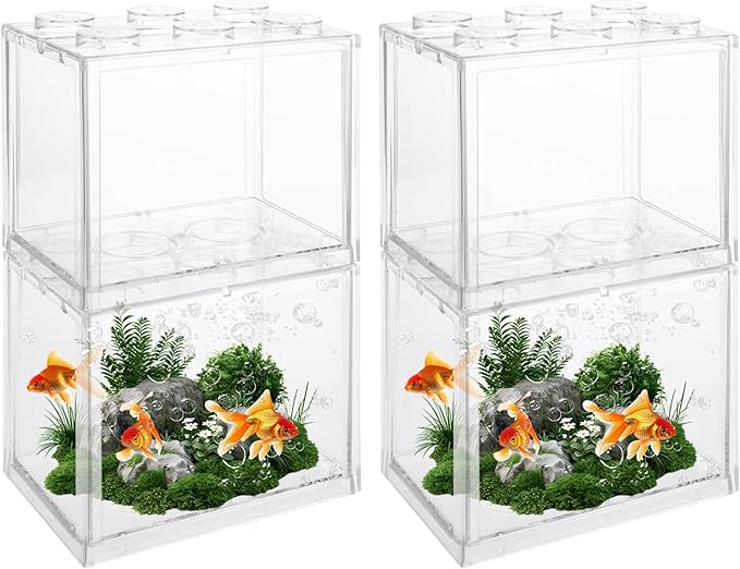 QTLCOHD 4 Pack Small Betta Fish Tank, 0.6 Gallon Mini Aquarium Tank, Clear Stackable Fish Bowl, Acrylic Tiny Cube Tank for Beta Fish Sea Monkeys Shrimp Snails