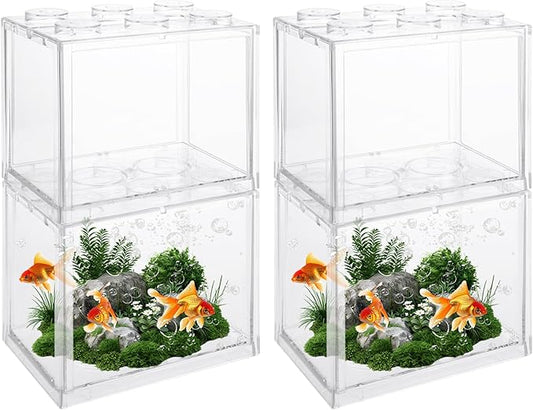 QTLCOHD 4 Pack Small Betta Fish Tank, 0.6 Gallon Mini Aquarium Tank, Clear Stackable Fish Bowl, Acrylic Tiny Cube Tank for Beta Fish Sea Monkeys Shrimp Snails