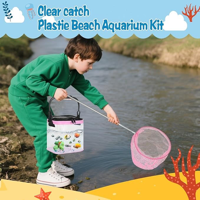 2 Sets Catch Plastic Beach Aquarium Kit, Release Aquarium Box for Beach with Retractable Net Bag and Transparent Portable Handheld（Pink）