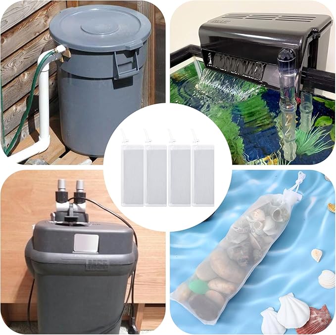 4 Pcs Aquarium Filter Media Bags with Drawstring, 150 μm Extra Fine Drawstring Filter Bags Nylon Media Bags for Fish Tank Aquarium, 8" x 3" (White)
