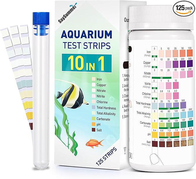 Aquarium Test Strips for Saltwater Tank: 10-in-1 125 Counts Salt Water Aquarium Water Test Kit, Fish Tank Test Strips for Testing Salt Chlorine Copper Nitrate pH and More, AQSTTN24