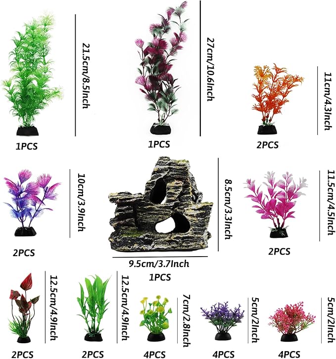 Aquarium Decorations Plants with Rockery View, 25pcs Aquarium Decor Plants and Rock Cave Hideout Ornaments, Fish Tank Accessories, Fish Tank Plants Plastic Decoration for Aquariums