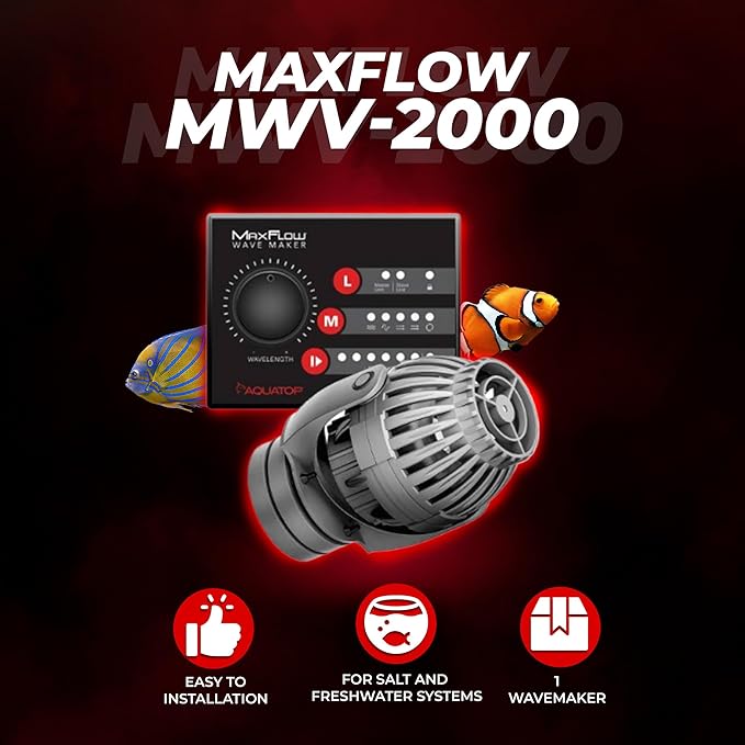 Aquatop MaxFlow MWV-2000 DC Wavemaker Pump with Controller - For 55-125 Gallon Aquariums - Safe for Salt & Freshwater - Energy-Efficient, Low Power Use