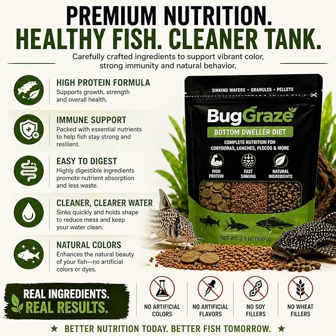 BugGraze Bottom Dweller Feast 3-in-1 Sinking Pellets, Wafers & Granules for Corydoras, Plecos & Loaches – Complete Aquarium Fish Diet – Clean Feeding, High Protein & Algae Blend – 3 oz
