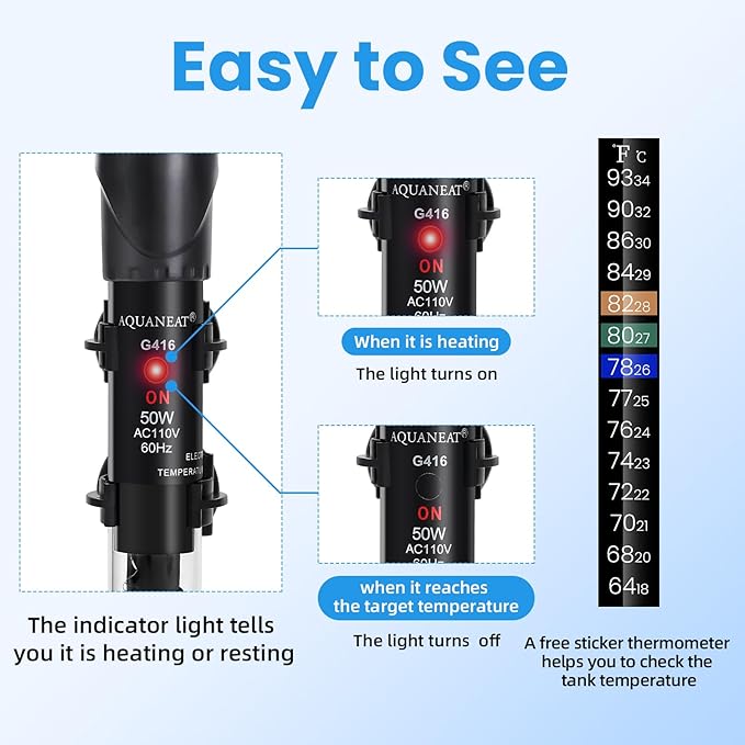 AQUANEAT Aquarium Heater, 50W Fish Tank Heater, Adjustable Submersible Water Thermostat with Thermometer