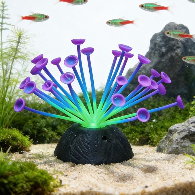 Suction Cup Anemone Aquarium Decor with Silicone Tentacles, Realistic Coral Reef Ornament for Saltwater and Freshwater Fish Tanks, Flexible Habitat for Shrimp, Invertebrates & Aquascaping (Purple)