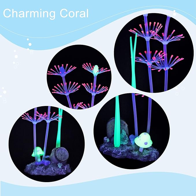 4 Pack Aquarium Fish Tank Decorations, Soft Silicone Coral Reef Plant Mushroom Kelp Decorations Glowing Artificial Ornament for Aquarium Fish Tank Glow Ornament