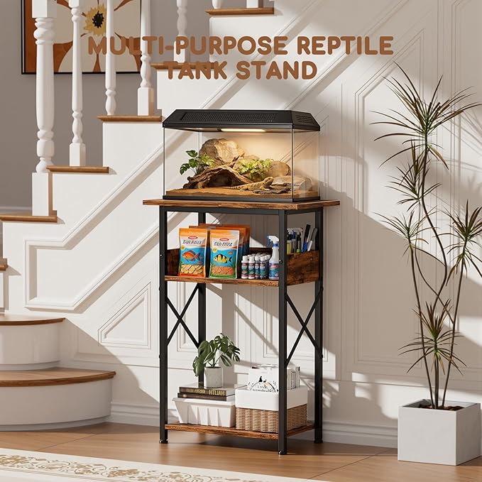 10 Gallon Fish Tank Stand with Storage Shelves, 3-Tier Aquarium Stand with Rust-Proof Metal Frame, Heavy Duty Waterproof Reptile Turtle Tank Stand for Home Office Up to 150LBS, 21.5" L x 11.5" W x 30" H, Rustic Brown