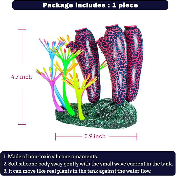 Dynamic Glow in The Dark Aquarium Decorations: Unleashing Visual Effects with Soft Silica Gel, Changing Lights, and Colorful Glowing Coral Ornaments (Dark Red, Seaweed Moon)