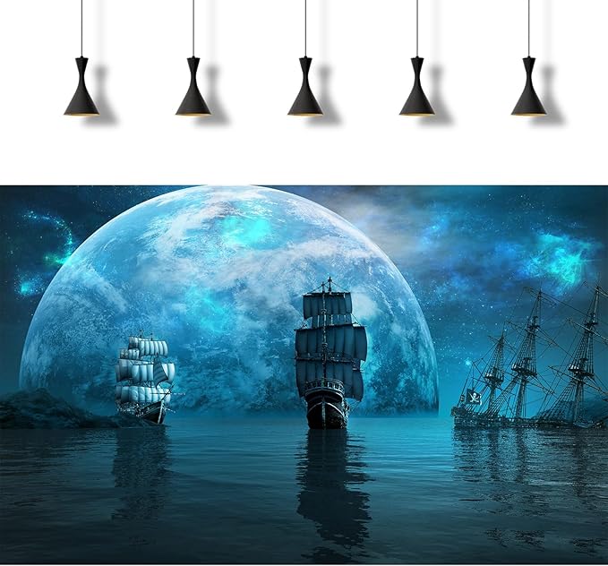 Ocean Blue Planet Aquarium Background Splendid Aurora Deep Sea Sailing Ships Fish Tank Background Night View Seascape Ancient Adventure Pirate Ship Terrarium Backgrounds for Home Tank Decors 30x12in