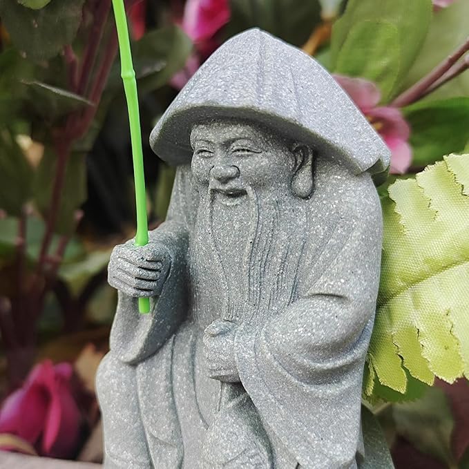 livelyfish Aquarium Fisherman Statue Japanese Old Man Figurine Sandstone Sitting Fishing Figurines for Fish Tank Garden Home Decor (E2)