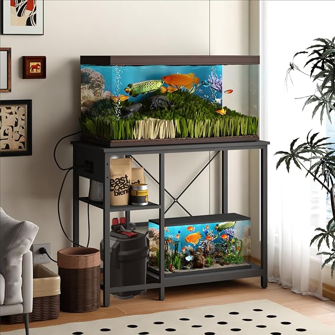 BEURUKU 40-50 Gallon Fish Tank Stand with Power Outlet & LED Light, Metal Aquarium Stand with 3 Tier Adjustable Storage Shelves, Tank Stand for Reptile Tank, Turtle Tank, 36" L*18.5" W, Black
