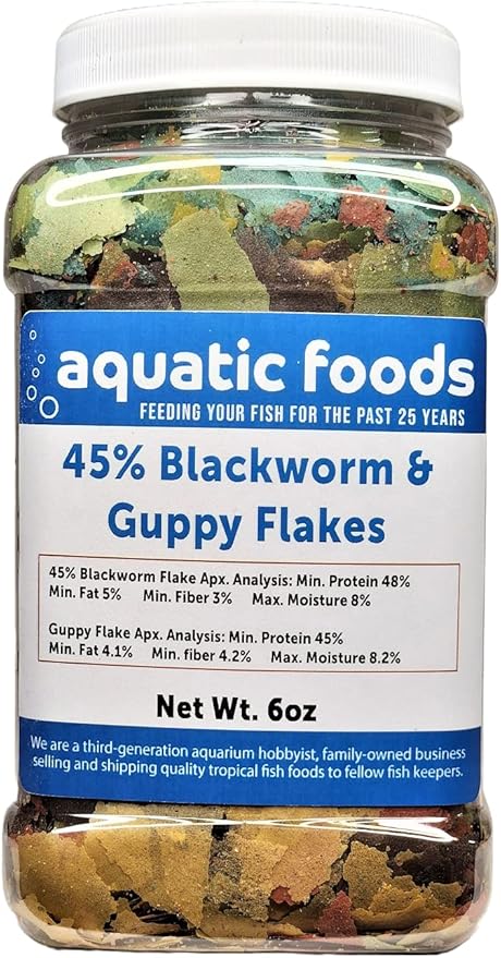 45% Blackworm & Guppy Premium Flakes for Guppies and All Community Tropical Fish. Aquatic Foods Flakes …6oz Med Jar