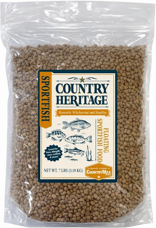 CountryMax Floating Sportfish Game Fish Food – 32% Protein, 7 lb Bag – Ideal for Bass, Bluegill, Catfish, Carp, Minnows & More – Pond & Lake Use