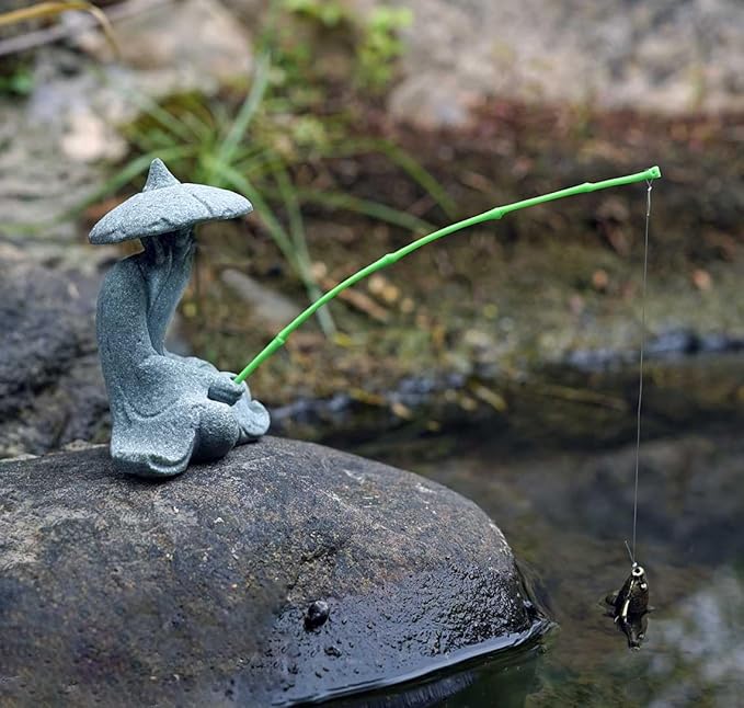 livelyfish Mini Fisherman Statue Asian Zen Decoration Sitting Fishing Figurines Sandstone Vintage Ornament for Aquarium Fish Tank Pot Garden Home Japanese Decor,D