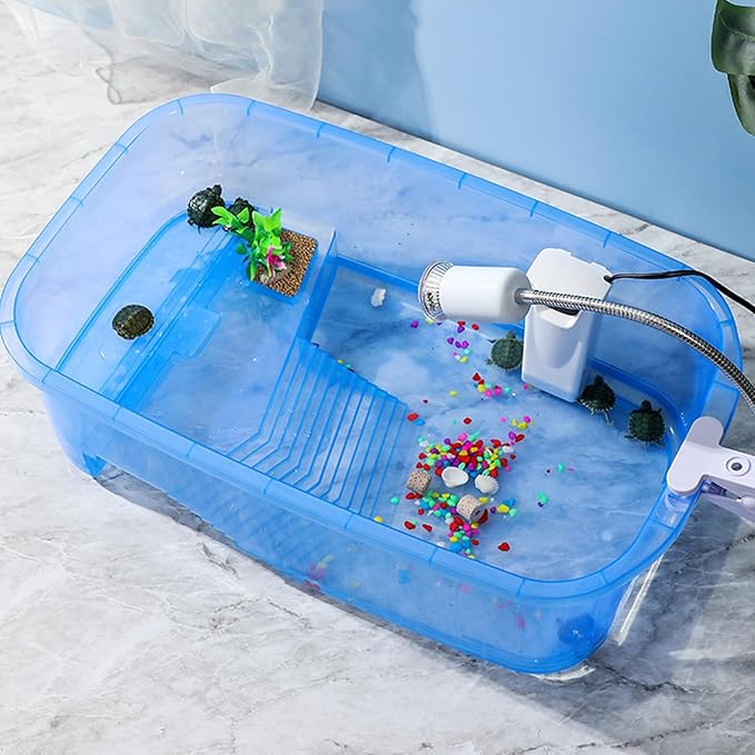 Turtle Aquarium Tank with Platform Habitat for Terrapins - Transparent, Multi-Function Areas, Bottom Drainage-Plug - Blue, Purple, or Orange