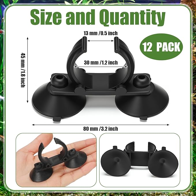 Qunclay 12 Pack Double Aquarium Heater Suction Cups with 1.2 Inch Clip Black Heavy Duty Standard Heating Rod Holders Clamps for Aquarium Heater Fish Tanks