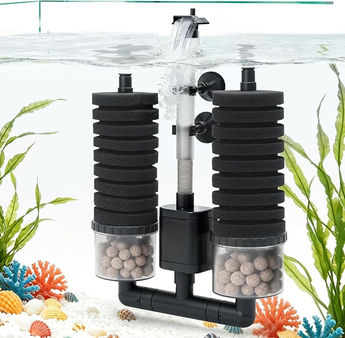 Aquarium Sponge Filter 15-55 Gallon Fish Tank Filter, Electric Power Double Sponge Filter, Quiet Small Low Flow Foam Filter For Fish Tank Betta Shrimp, Intake Dual Sponge Filter Kit w/ Bio Balls &Pump