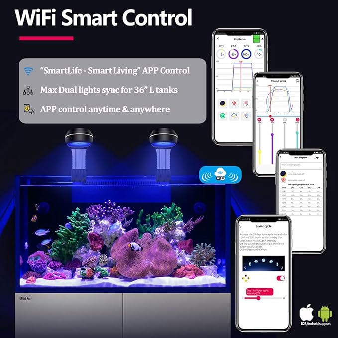 PopBloom RL60 WiFi Reef LED Light, 60W Full Spectrum Marine Reef LED Aquarium Lighting for Soft/LPS Corals & Saltwater Fish Nano Tanks, Built-in Timer, WiFi Phone Programmable, Sunrise Sunset