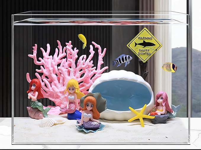 YZHZOM Mermaids Fish Tank Decorations Set - 8 Pieces, Artificial Plastic Plants, Aquarium Decor