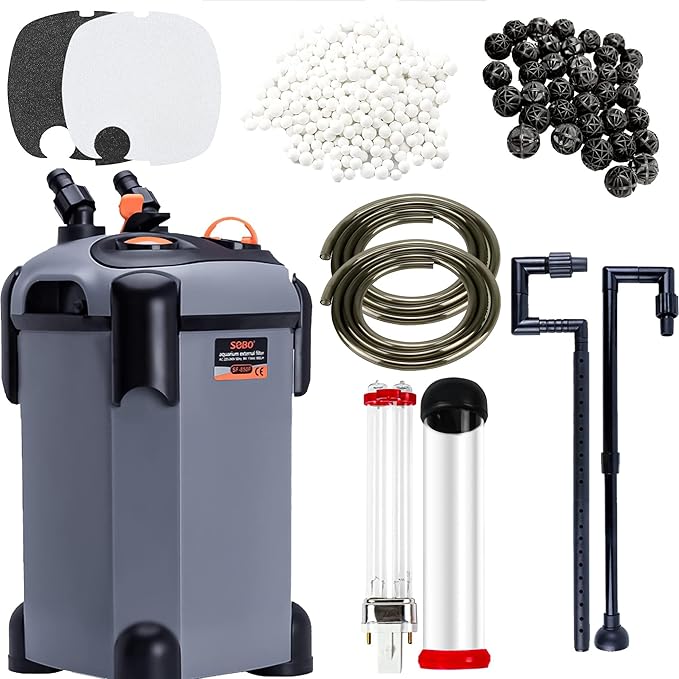 SUNWEN Aquarium External Ultra-Quiet Canister Filter, Fish Tank Water Circulation Filter with Filter Media 171/225/266/317/397GPH (SF-2200F-UV)