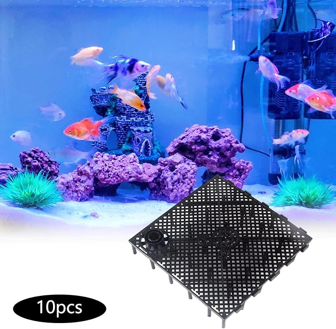 10 Pieces Aquarium Bottom, Grid Divider Tray Sand Gravel Accessories, with Connector Black