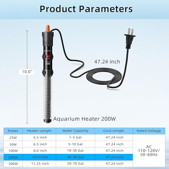 HiTauing Aquarium Heater 25W/50W/100W/200W/300W, Adjustable Knob Fish Tank Heater with Digital Thermometer, Submersible Betta/Turtle Tank Heater for Freshwater and Saltwater Tanks